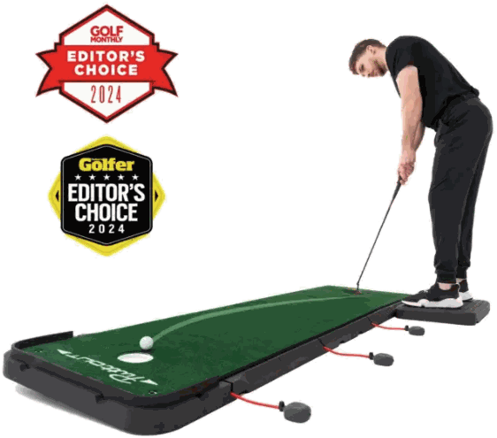 The PuttOut AirBreak Max platform in use, with Golf Monthly and Golfer Editor's Choice 2024 awards